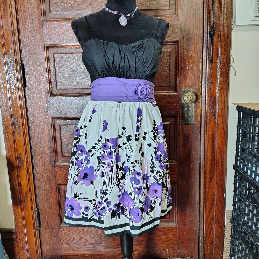 Y2K Inspired Purple & Blk Floral Babydoll Pleated Bodice Spaghetti Strap sz 7